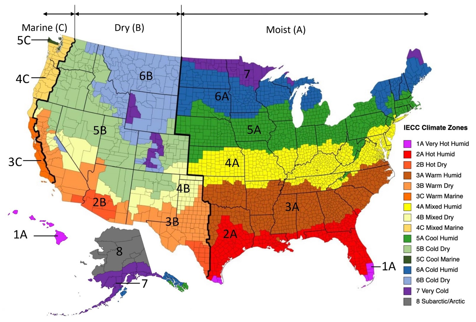 Attic ceiling insulation map for US zones 1-8