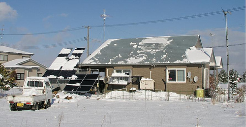 Solar panels partly covered in snow